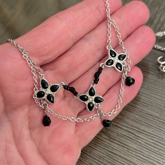 Monet Silver-Tone and Black Floral Necklace with Draping Chains - Picture 9 of 12